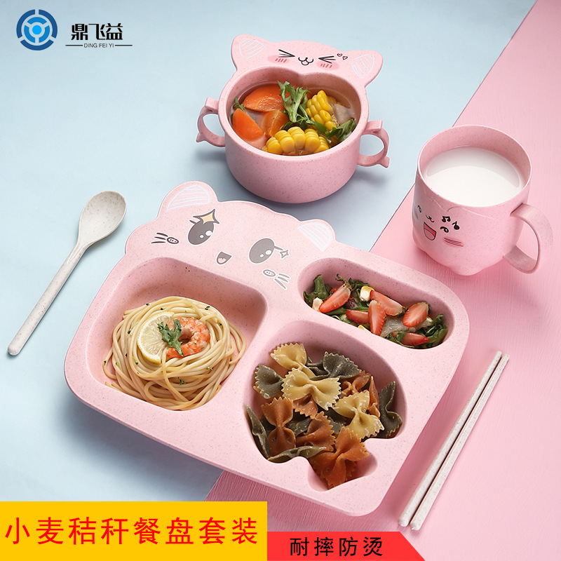 Set trọn bộ Khay ăn dặm lúa mạch 5 món hình mèo cho bé ăn dặm