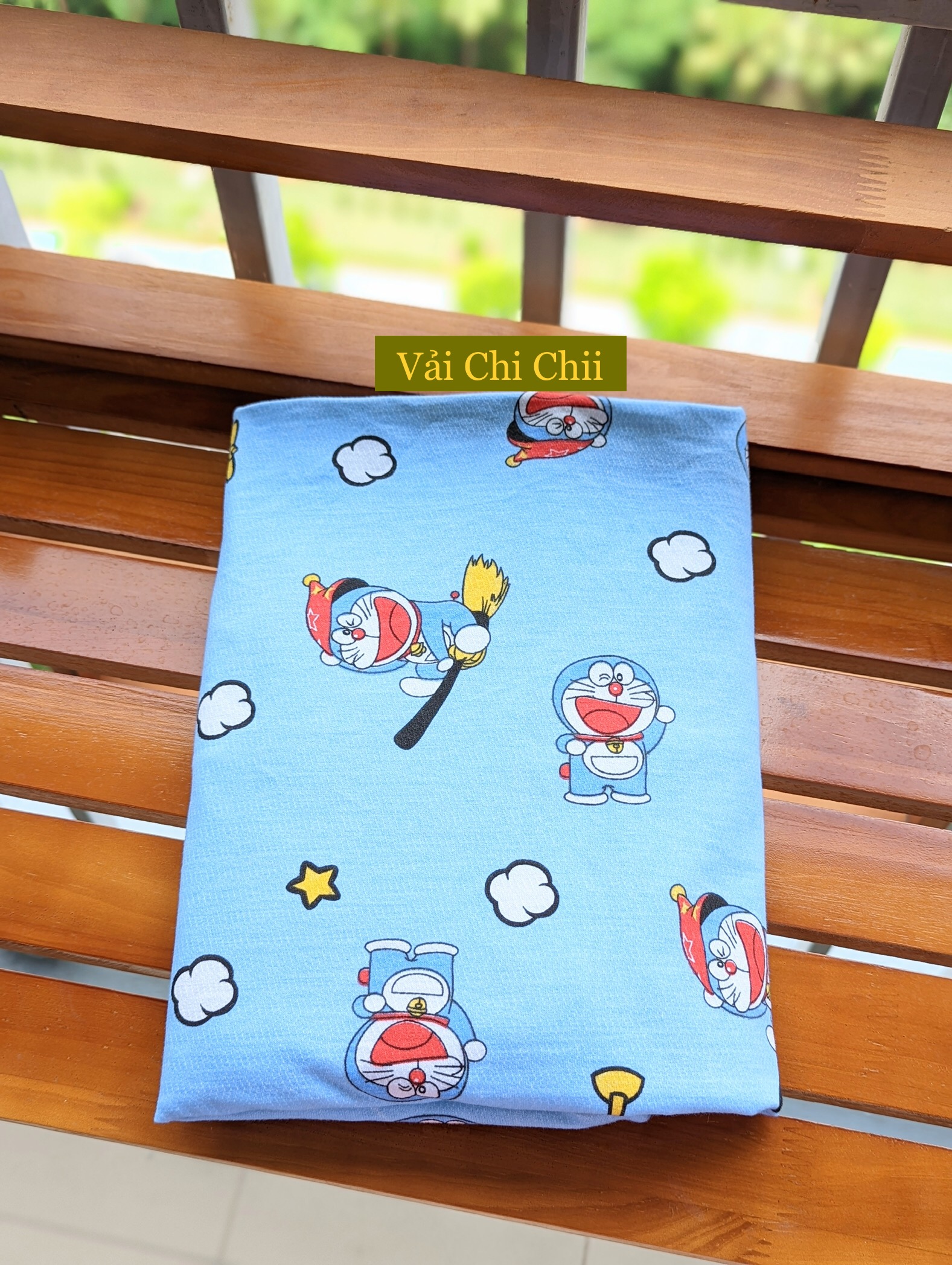 Vải Cotton co giãn 4 chiều họa tiết Mèo Đôrêmon chất đẹp, mềm, mát - Vải Chi Chii
