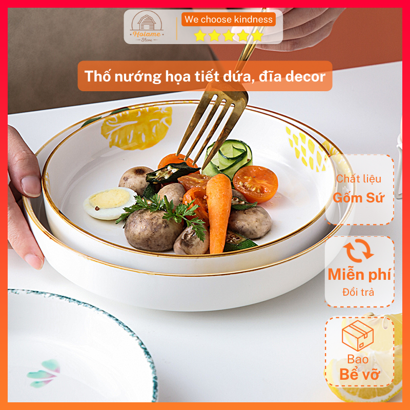 Thố sứ, thố nướng họa tiết dứa cao cấp - đĩa decor bàn ăn dùng được cho lò nướng, lò vi sóng