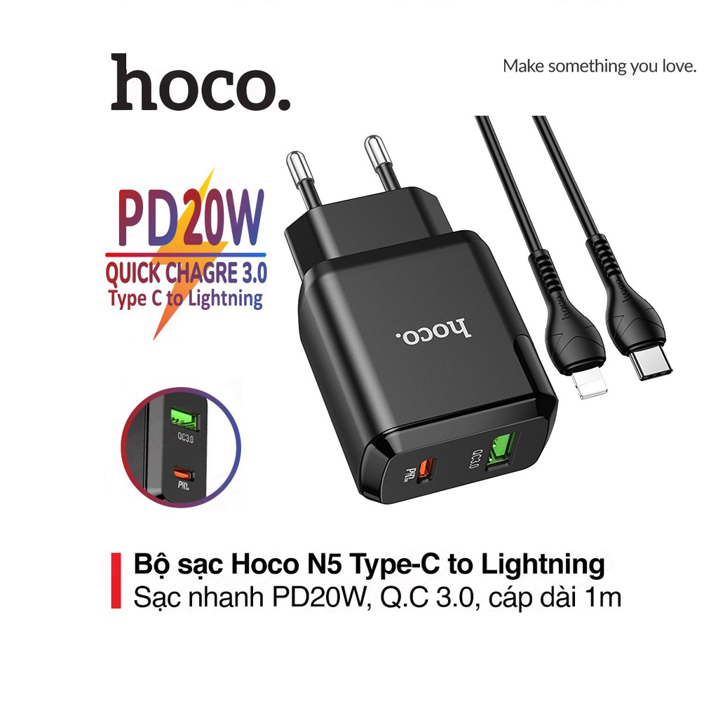 Bộ sạc nhanh PD20W Hoco N5 chuôi tròn chất liệu PC chống cháy kèm dây cáp Type-C sang Lightning dài 1M cho iPhone/iPad