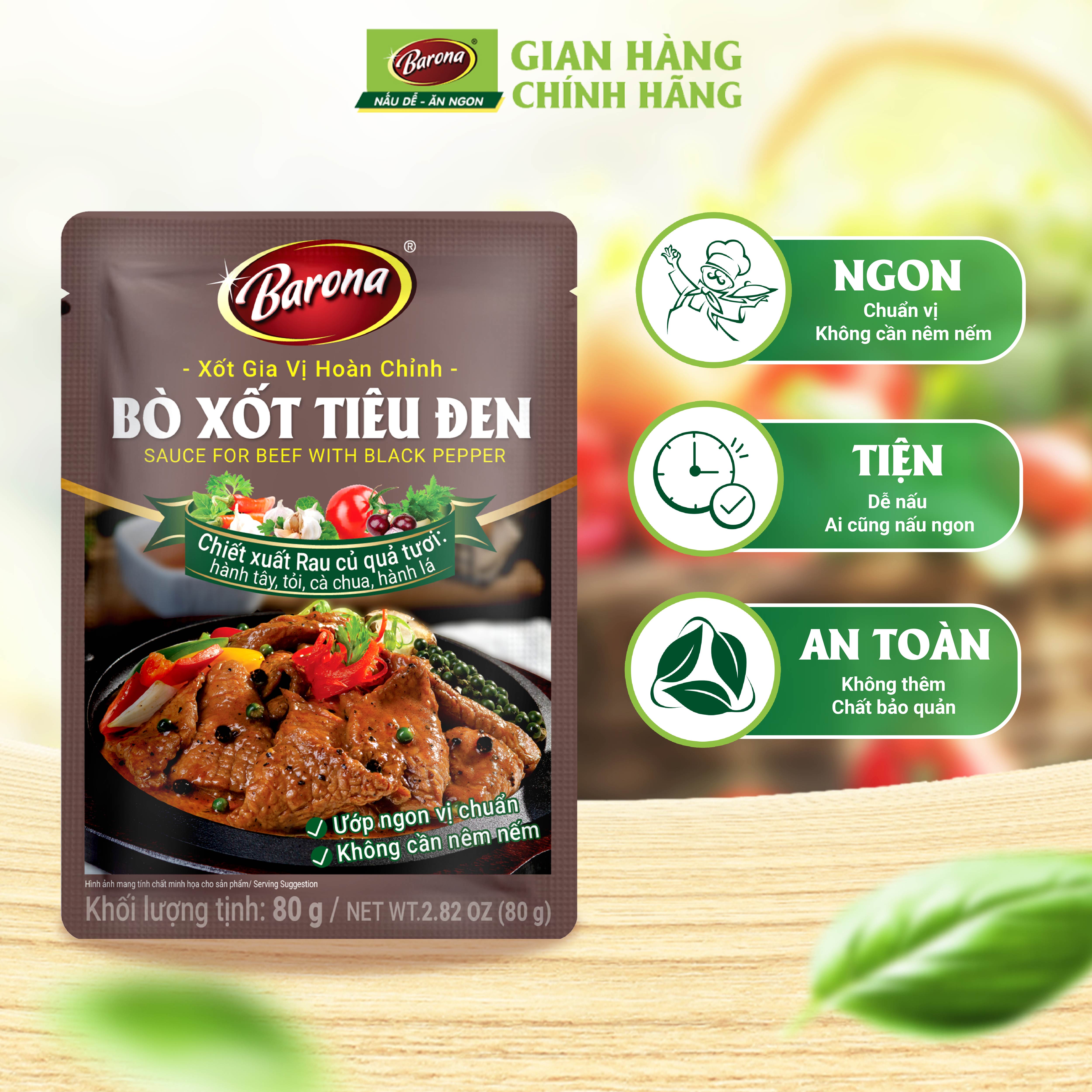 Gia Vị Bò Xốt Tiêu Đen Barona 80g ướp ngon chuẩn vị không cần nêm nếm