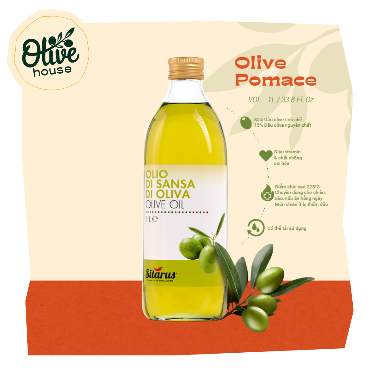 Dầu Ô liu (olive) nấu ăn (POMACE) 1L - Dâù chiên xào nhẹ bụng cho gia đình Việt - Nhập khẩu từ Ý Thương hiệu Silarus
