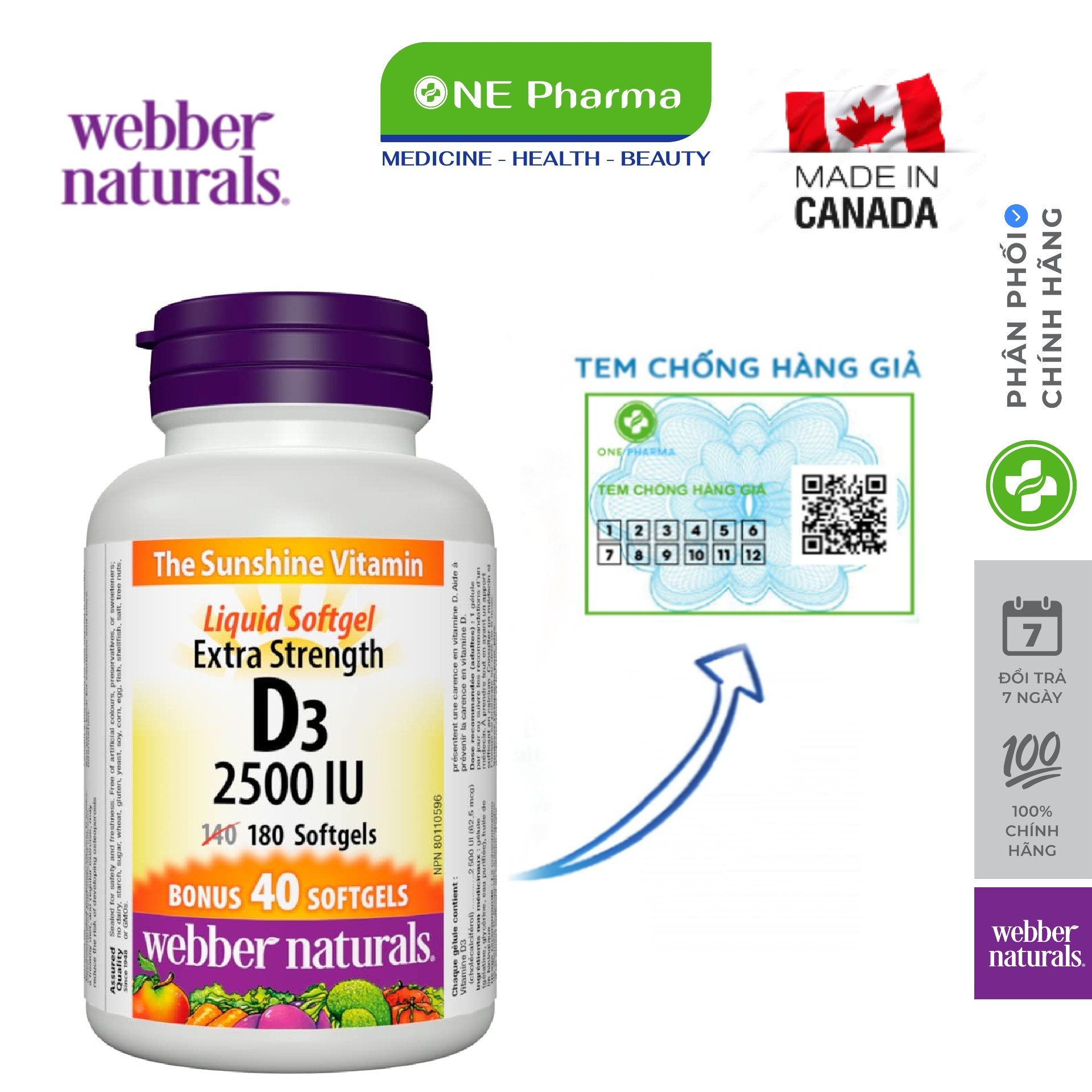 Viên uống Vitamin D3 2500IU Softgel Webber Naturals Canada 180 Viên