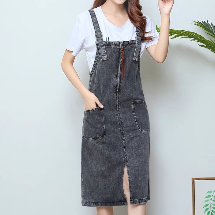 [HCM]VÁY YẾM JEANS CÓ DÂY KÉO TRƯỚC NGỰC PHỐI TÚI THỜI TRANG MIMI Y699