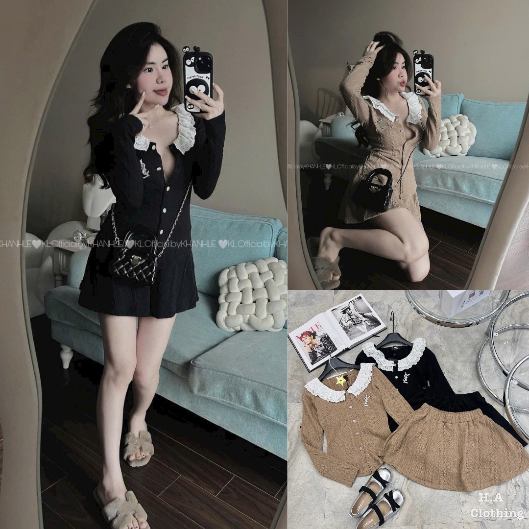 Set áo len tay dài cổ bèo ren mix chân váy ngắn chữ a dễ thương