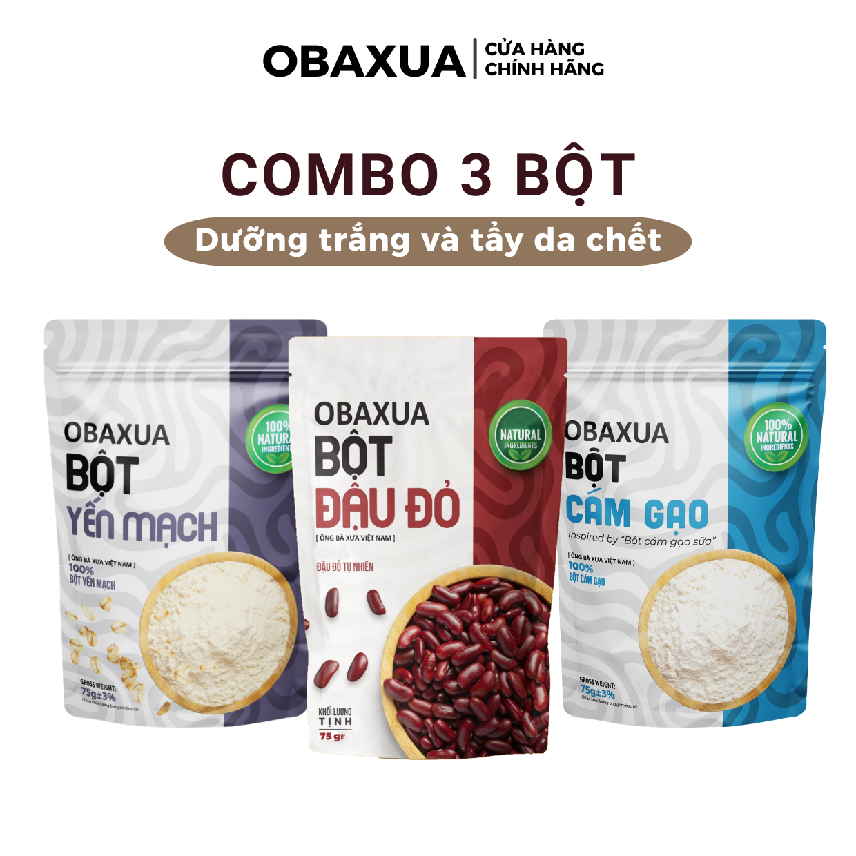 Combo 3 Bột đắp mặt Dưỡng Trắng OBAXUA gồm bột Đậu Đỏ, Yến Mạch, Cám Gạo cho làn da mềm mại & rạng rỡ (75gx3)