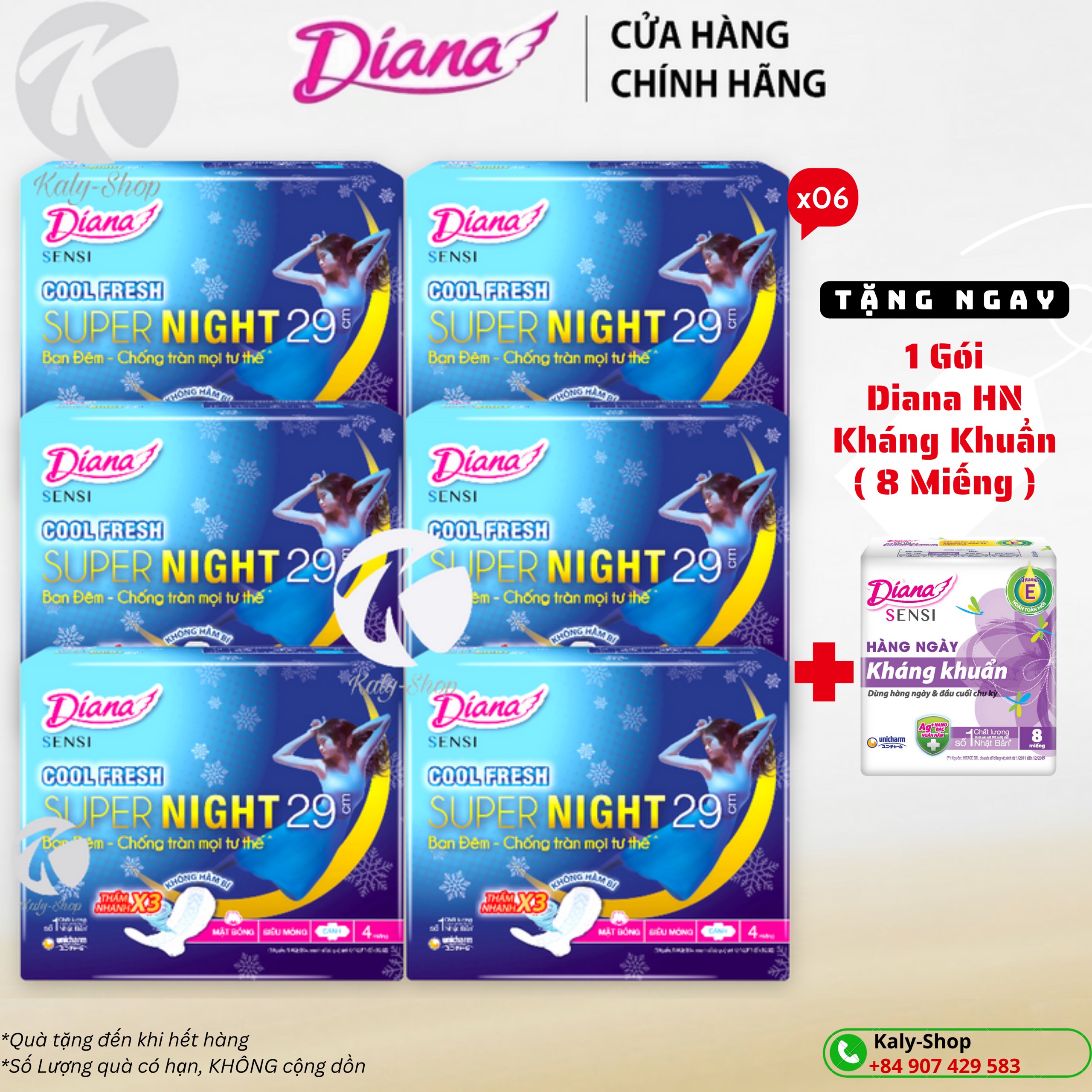 Băng vệ sinh diana sensi cool fresh night 29cm combo 6 gói