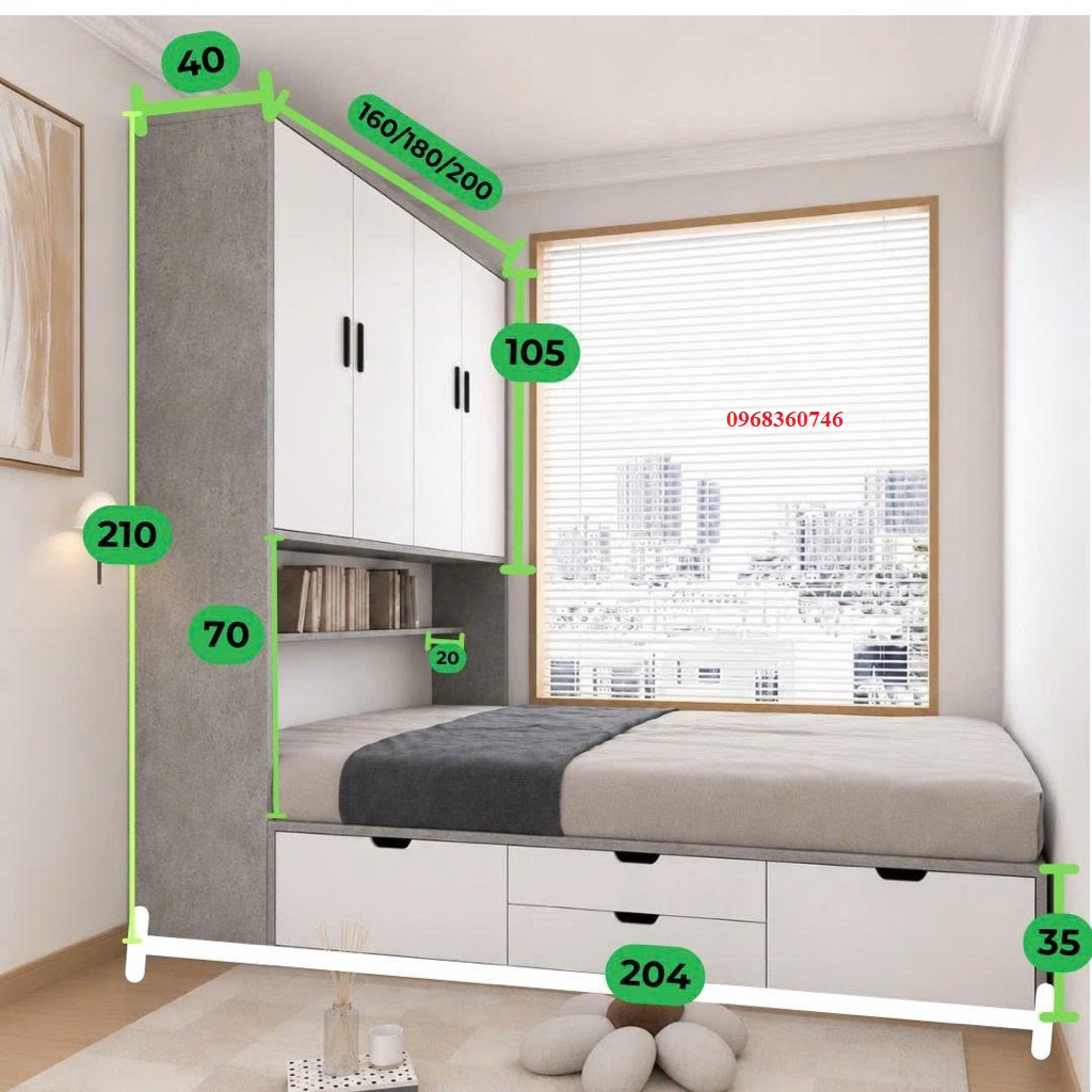 Giường Ngủ Kèm Tủ Gỗ MDF Tiện Nghi, Tiết Kiệm Không Gian - Hỗ Trợ Lắp Đặt Tại Nhà