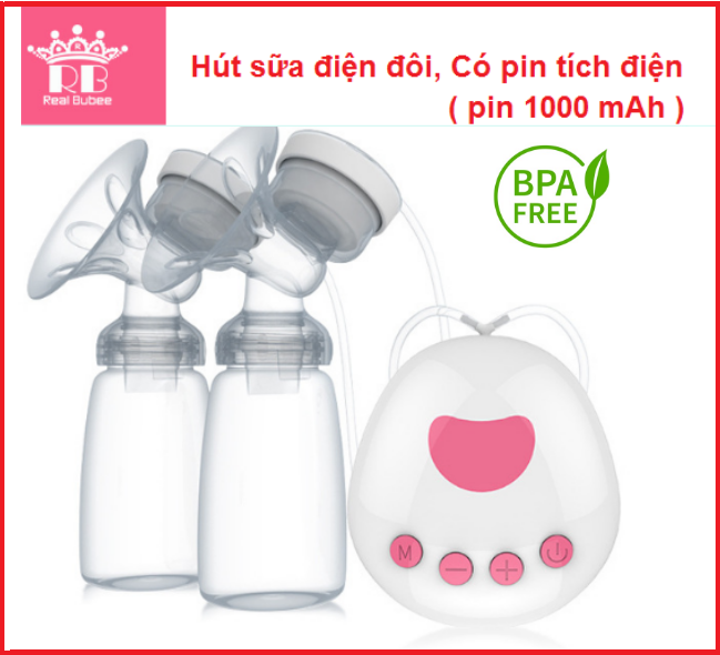 Máy hút sữa điện đôi real bubee, có pin tích điện , có 2 chế độ hút , hút êm ái như em bé bú