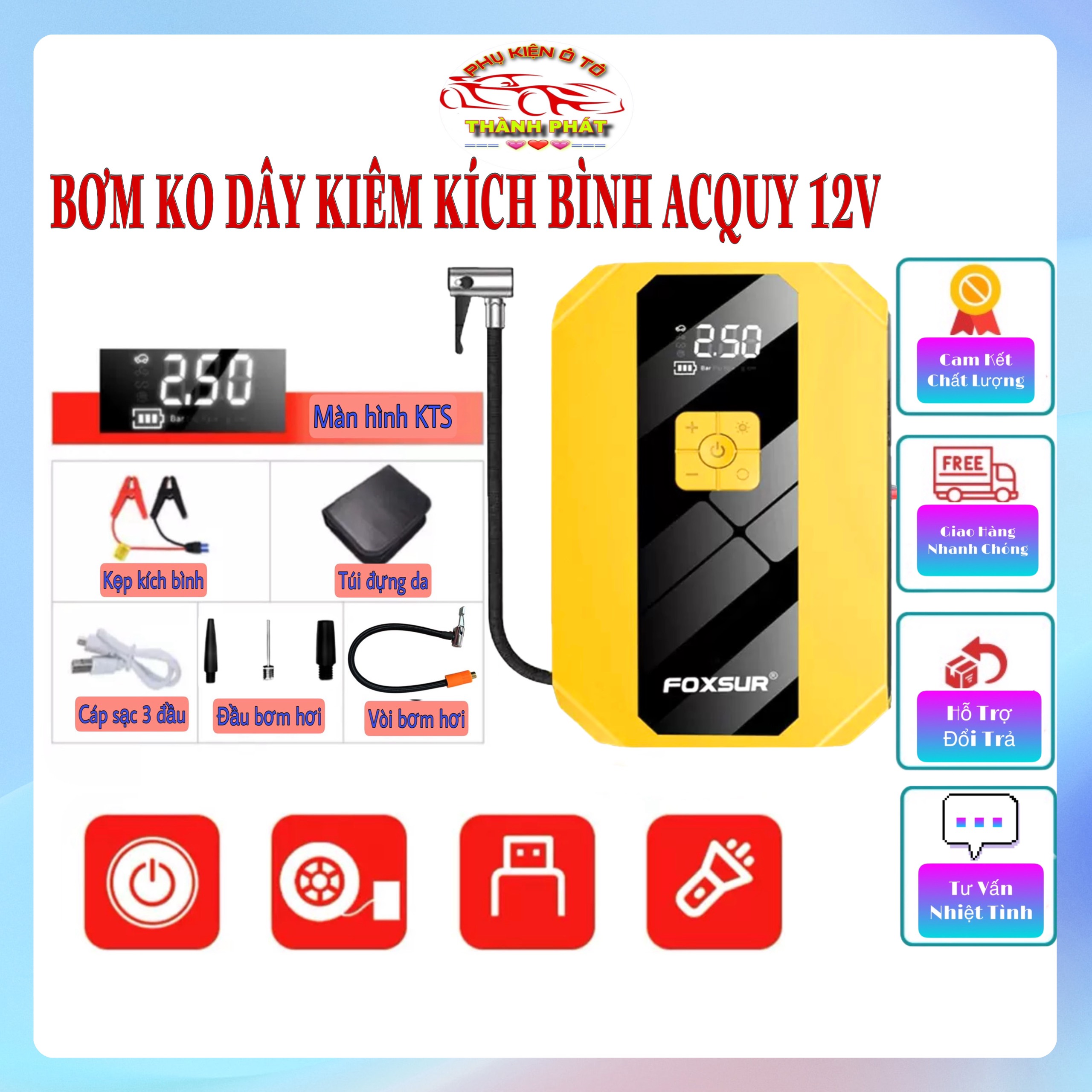 Máy bơm lốp kích bình ô tô xe máy FOXSUR không dây chuyên nghiệp - Bơm hơi cầm tay đa năng CARSUN