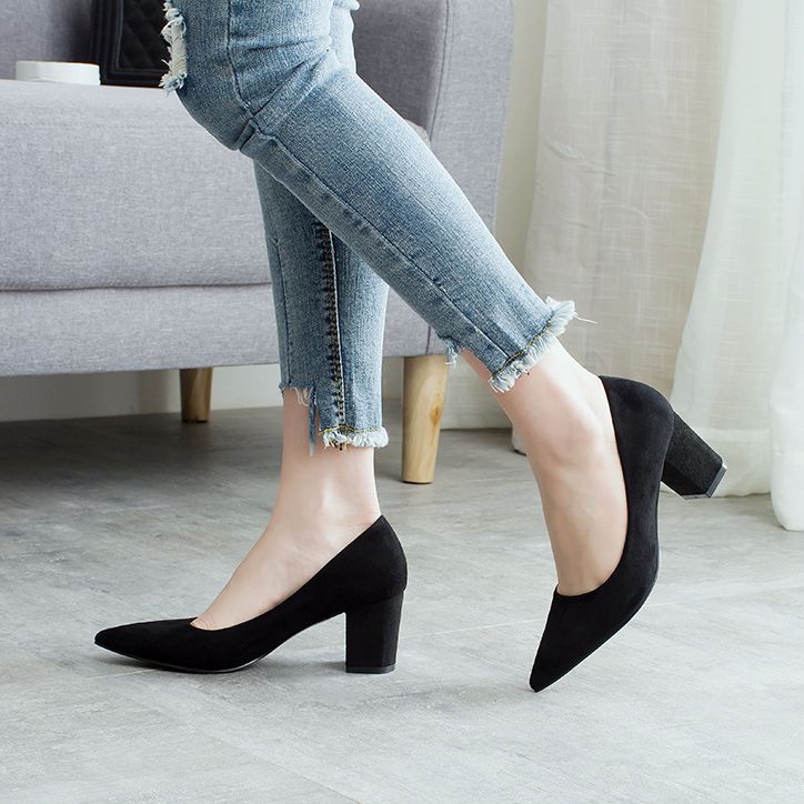 Giày cao gót da lộn đế vuông 6cm. Giày công sở siêu êm.