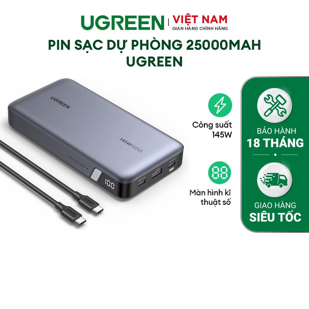 Bộ pin sạc dự phòng 25000mAh/20000mAh 145W/100W UGREEN Cổng sạc nhanh USBC 3 cổng Màn hình kỹ thuật số Bảo hành 18 tháng 1 đổi 1 90597A 25188