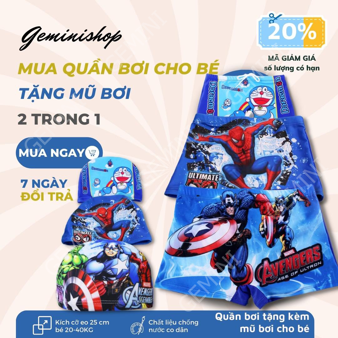 Bộ Quần và mũ Bơi cho Bé Họa Tiết Đáng Yêu Chất Liệu Bền Đẹp Co Dãn Chống Thấm Nước Tốt Gemini Shop