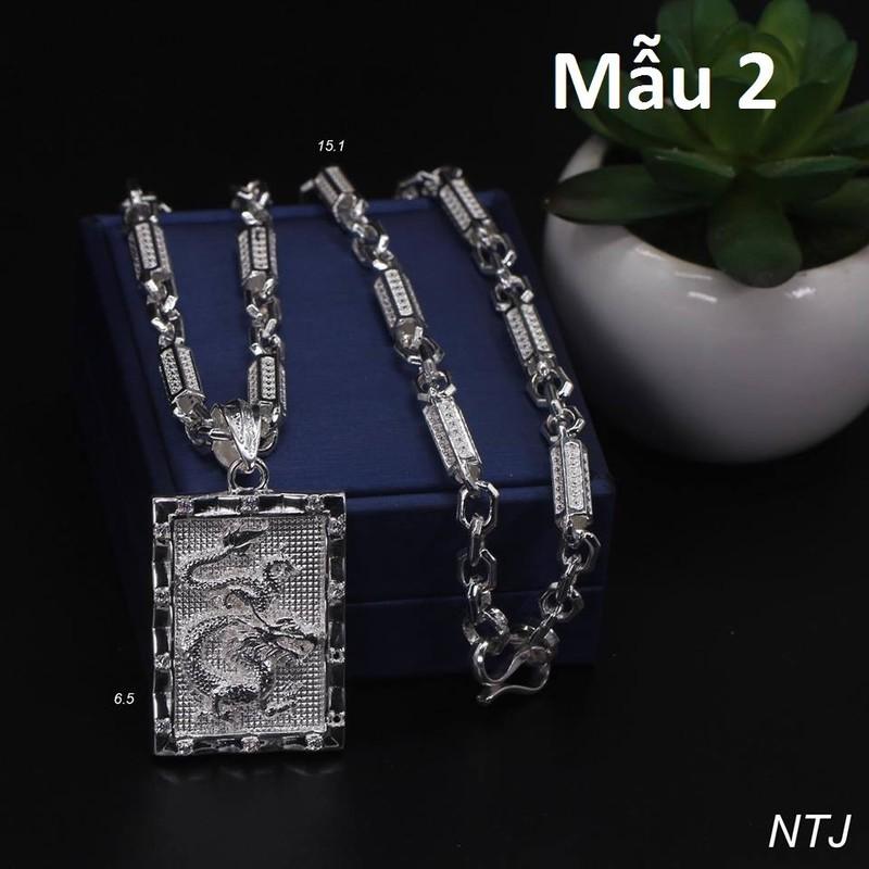 Bộ Dây Chuyền, Vòng Cổ Bạc Ống Trúc - Kèm Mặt Vuông Trạm Rồng Cuộn Uy Phong