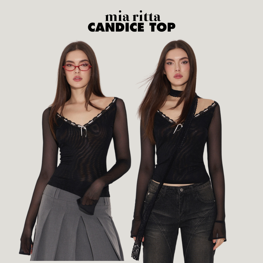 Áo lưới Candice Top Mia Ritta A2175 - Áo lưới đen phối ren viền cổ dài tay dây rút nơ