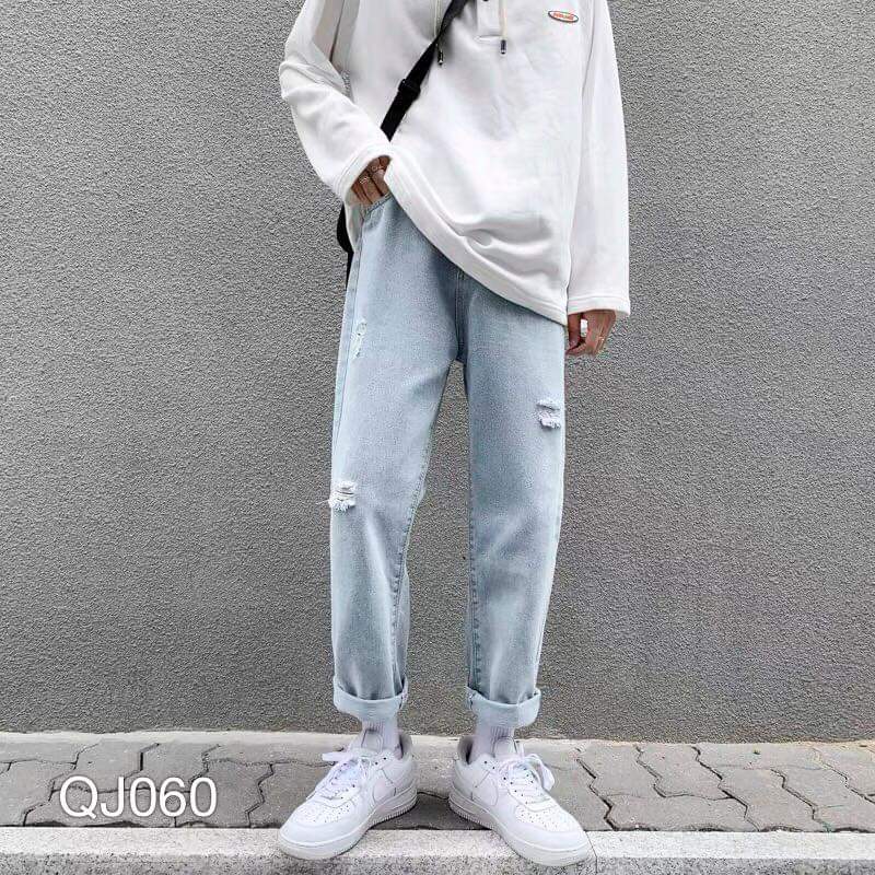 Quần baggy jean nam ống suông – quần jean nam cao cấp rách cá tính