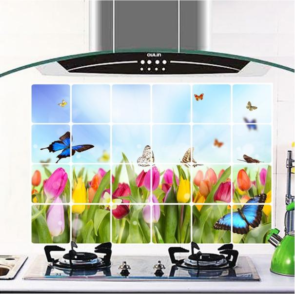 Decal dán bếp tráng nhôm - Hoa Tulip Bướm