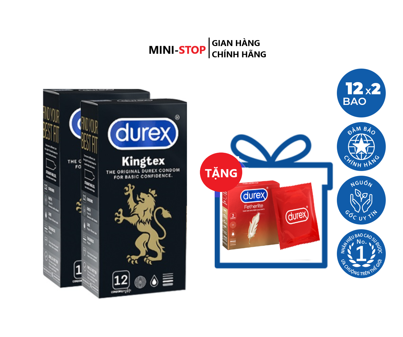FREESHIP Bộ 2 hộp Bao cao su size nhỏ 49mm Durex Kingtex hộp 12S - Tặng 1 hộp bao cao su Durex Fetherlite 3 cái