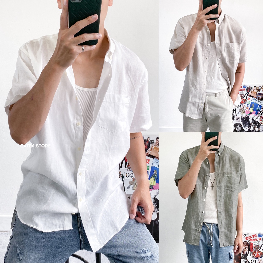 Áo sơmi đũi nam ngắn tay ms, áo cổ bẻ linen cộc dáng regular fit kiểu hàn quốc - gate6 - #4758