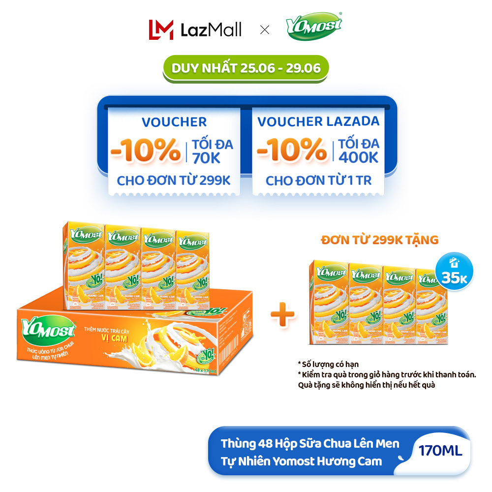 [Từ 25-29.6 TẶNG LỐC YM CAM ĐƠN 299K] Thùng 48 Hộp Sữa Chua Lên Men Tự Nhiên Yomost Hương Cam 170ml (48x170ml)