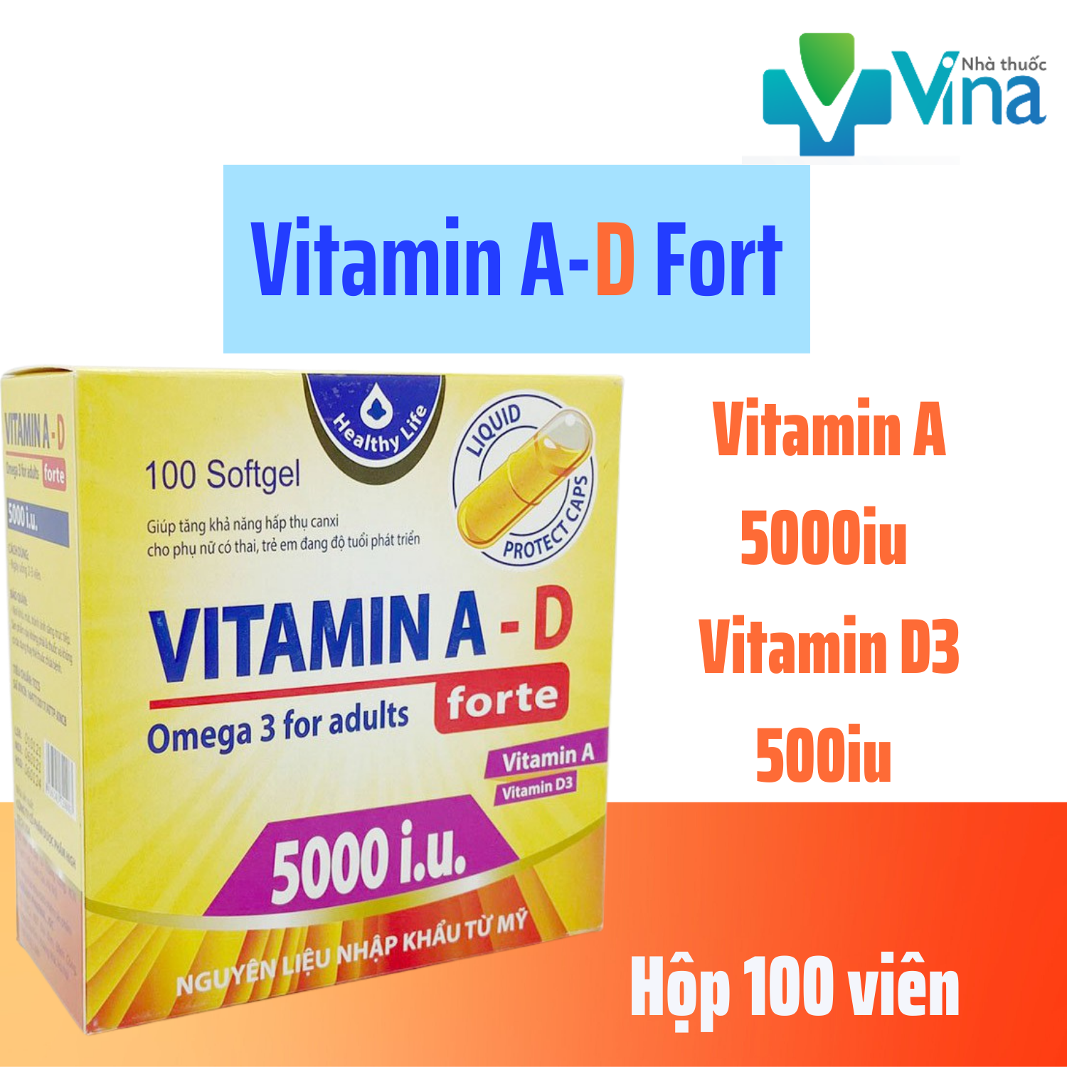 Viên Uống Bổ Sung Vitamin A D, Bổ Sung Nhiều Vitamin, Giảm Nguy Cơ Khô Mắt Mỏi Mắt, Còi Xương,Hộp 100 Viên
