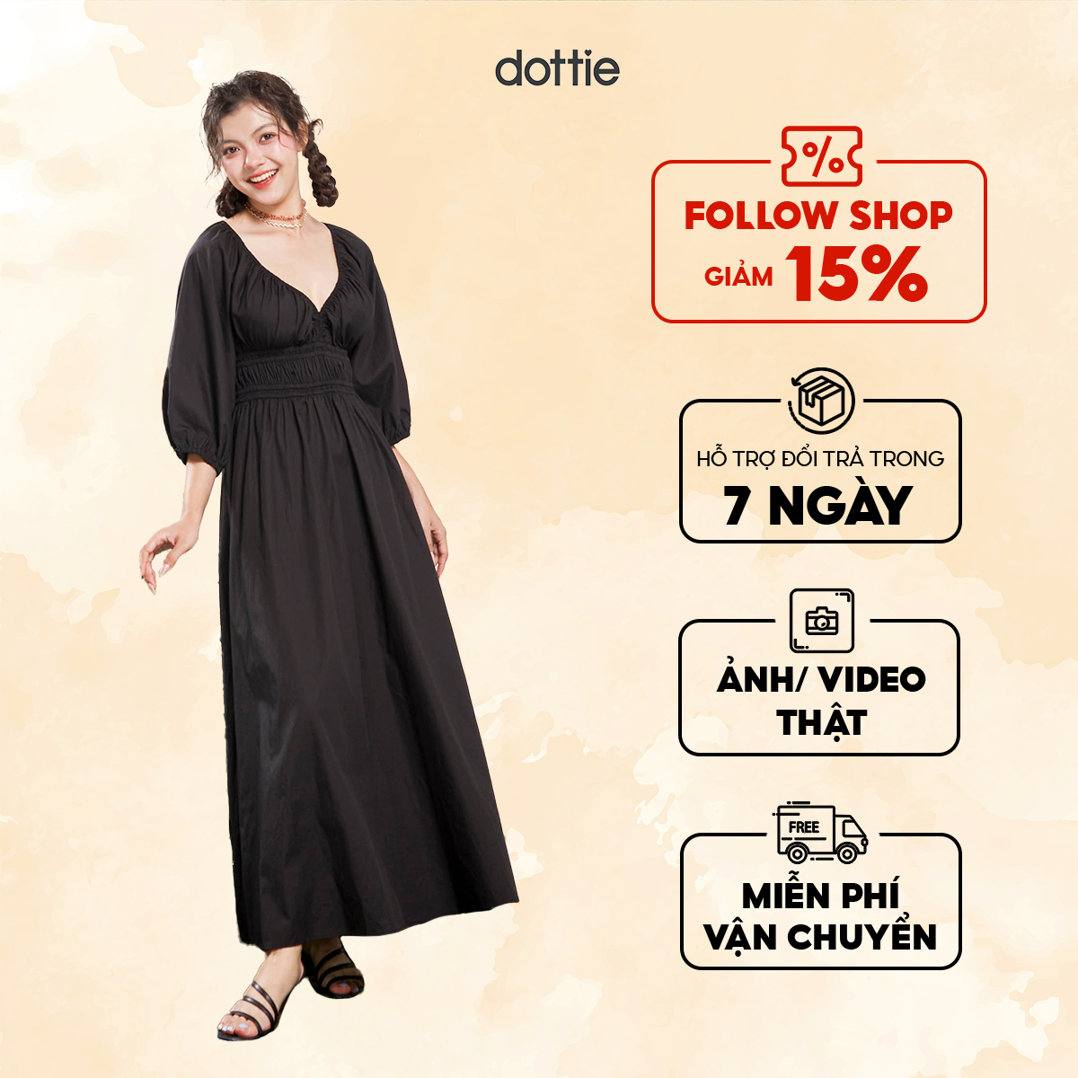 Dottie - đầm midi vải poplin nhún eo - đen - d0515