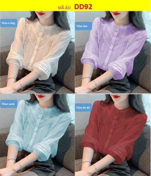 Áo sơ mi nữ Hàn Quốc, Áo kiểu cổ tròn, tay bồng phối ren, chất đũi Hàn, mềm mát
