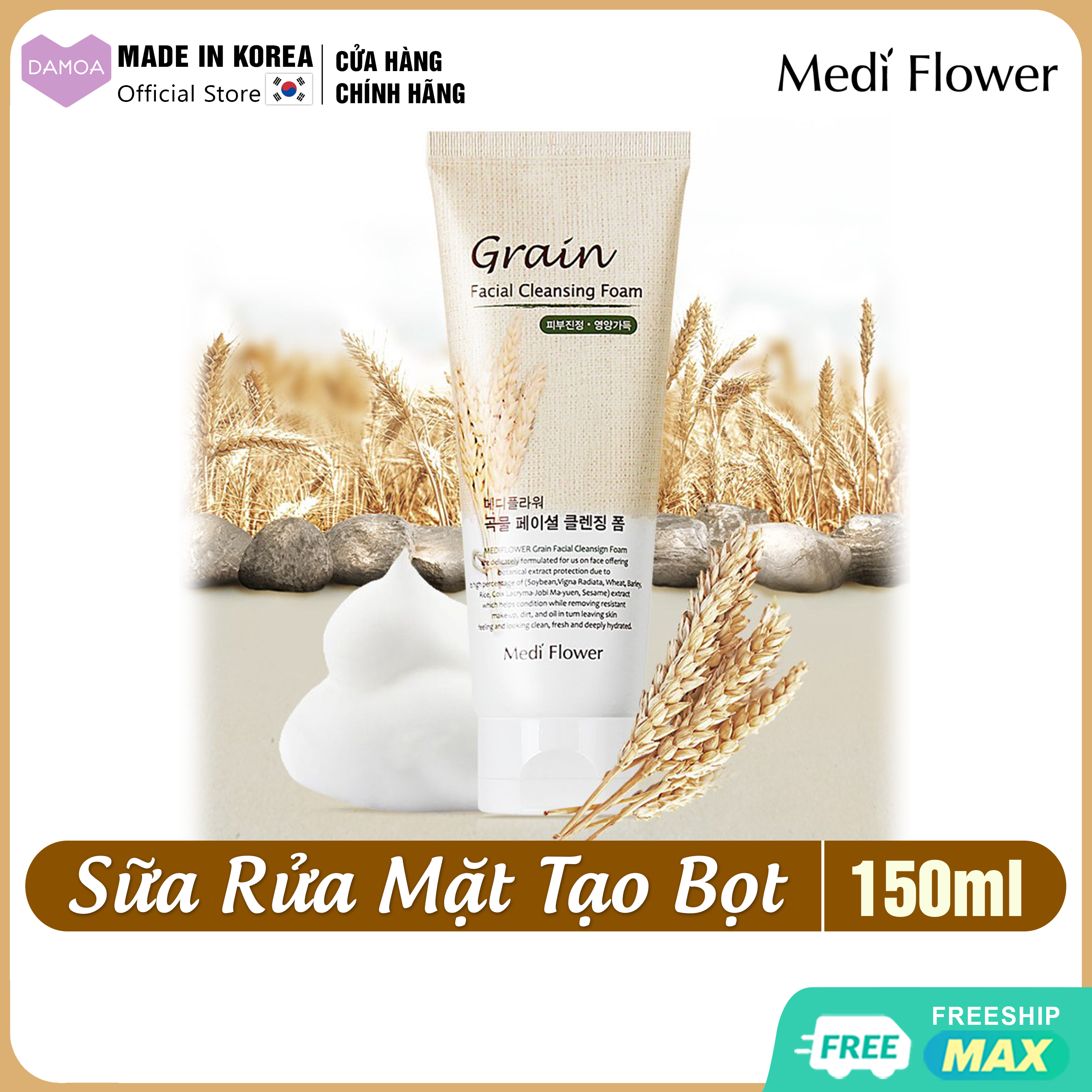 Sữa Rửa Mặt Tạo Bọt Chiết xuất Ngũ cốc trắng mịn Medi Flower Grain Facial Cleansing Foam (150ml) - Mỹ phẩm Hàn Quốc