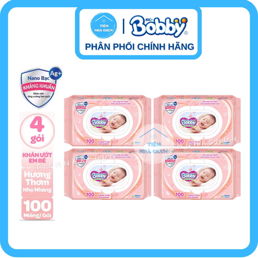 [KHĂN ƯỚT BOBBY HỒNG] - Lốc 4 Gói 100 Miếng - Khăn Giấy Ướt Em Bé Bobby Care Hương Thơm Nhẹ Nhàng - NHI.TNL / TIEMNHACHUN / TIỆM NHÀ CHUN