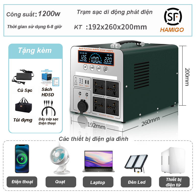 Trạm Sạc Điện Di Động Đa Năng 220V Công suất 1200W, Dung Lượng Pin 5 Triệu 6 mAh , Trạm sạc điện dự phòng phát điện 220V cho điện gia đình, Máy phát điện mini cổng USB, Đèn Led Sạc Nhanh