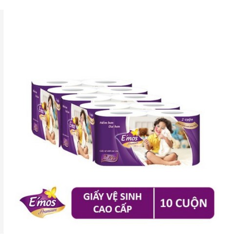 {CHÍNH HÃNG}-LỐC 10 CUỘN GIẤY VỆ SINH CAO CẤP E'MOS PREMIUM 2 LỚP CÁ HEO XANH