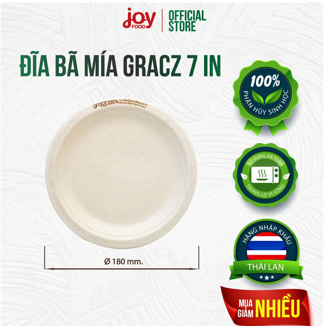 50 đĩa bã mía Gracz 7in, đĩa dùng 1 lần phân hủy sinh học 100%, cứng cáp hơn đĩa giấy và không cán màng nhựa