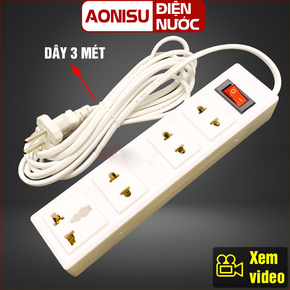 Ổ cắm điện đa năng 4 phích , dây 3 mét , có công tắc an toàn - ổ điện thông minh , phích cắm điện đa năng , ổ điện đa năng aonisu