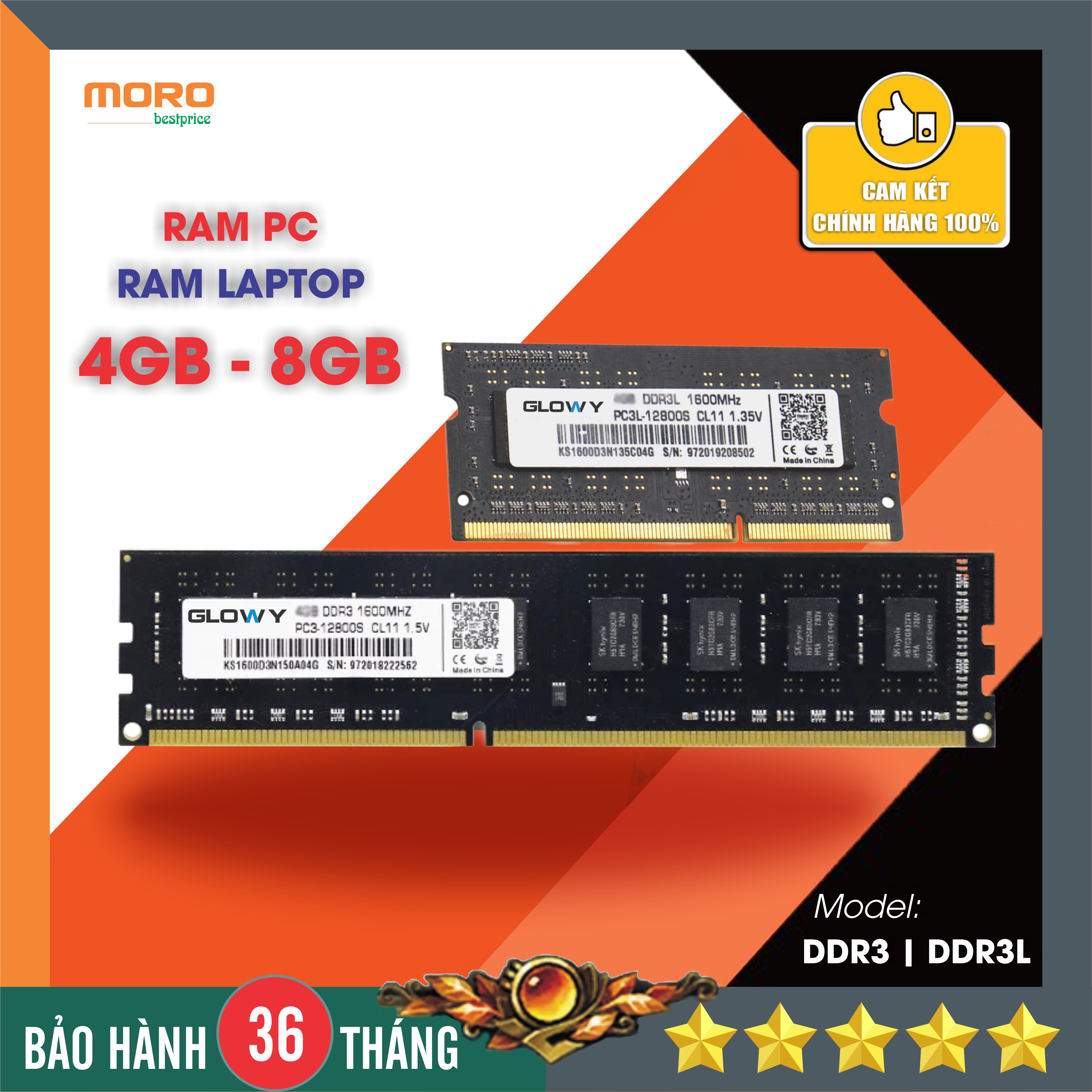 Bộ nhớ ram pc - ram laptop glowy ddr3 4g|8g 1600mhz - bảo hành 3 năm 1 đổi 1