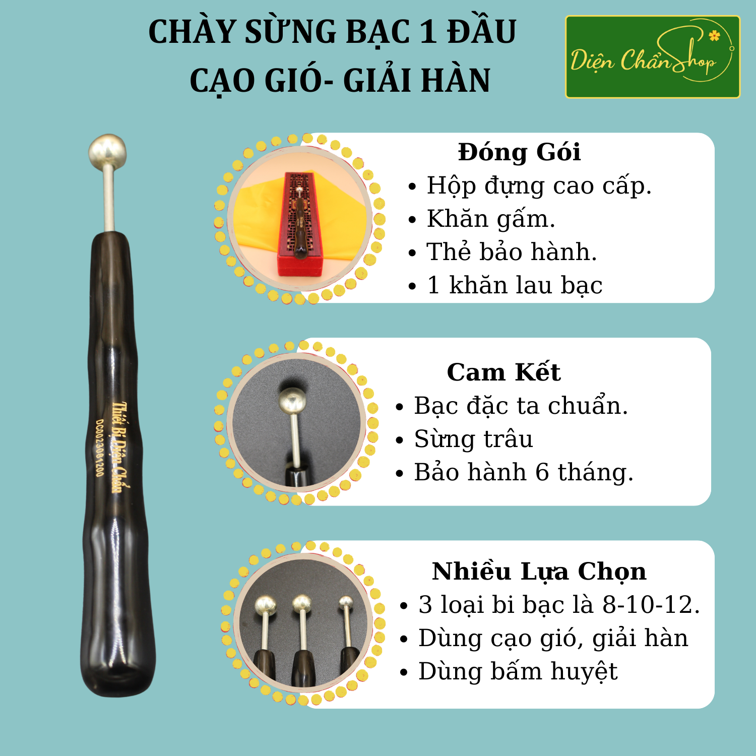 Chày sừng bi bạc diện chẩn - cạo gió - đánh hàn - dụng cụ diện chẩn