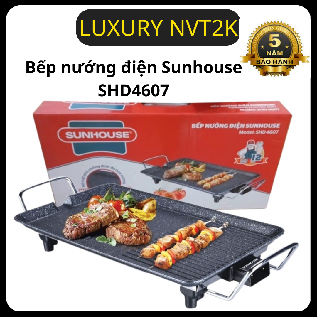 Bếp nướng điện Sunhouse SHD4607 - Vỉ nướng điện - Bếp nướng không khói, Lớp Whitford – USA siêu bền, kháng khuẩn, Công suất 1500W nướng nhanh, 5 mức điều chỉnh nhiệt linh hoạt, bảo hành 12 thánG