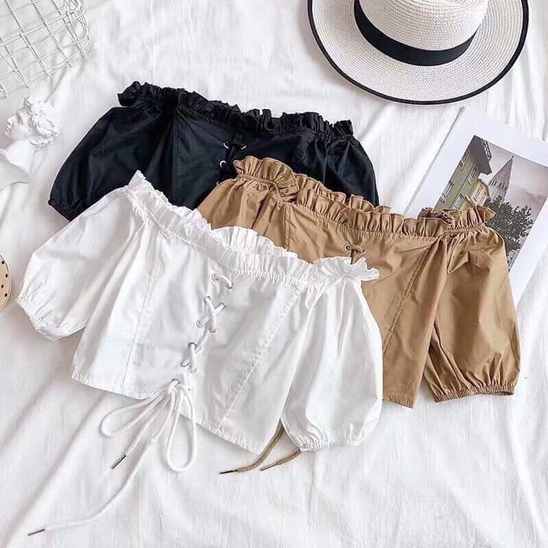 Áo trễ vai croptop tay lỡ đan dây trước dễ thương 1125A24B1
