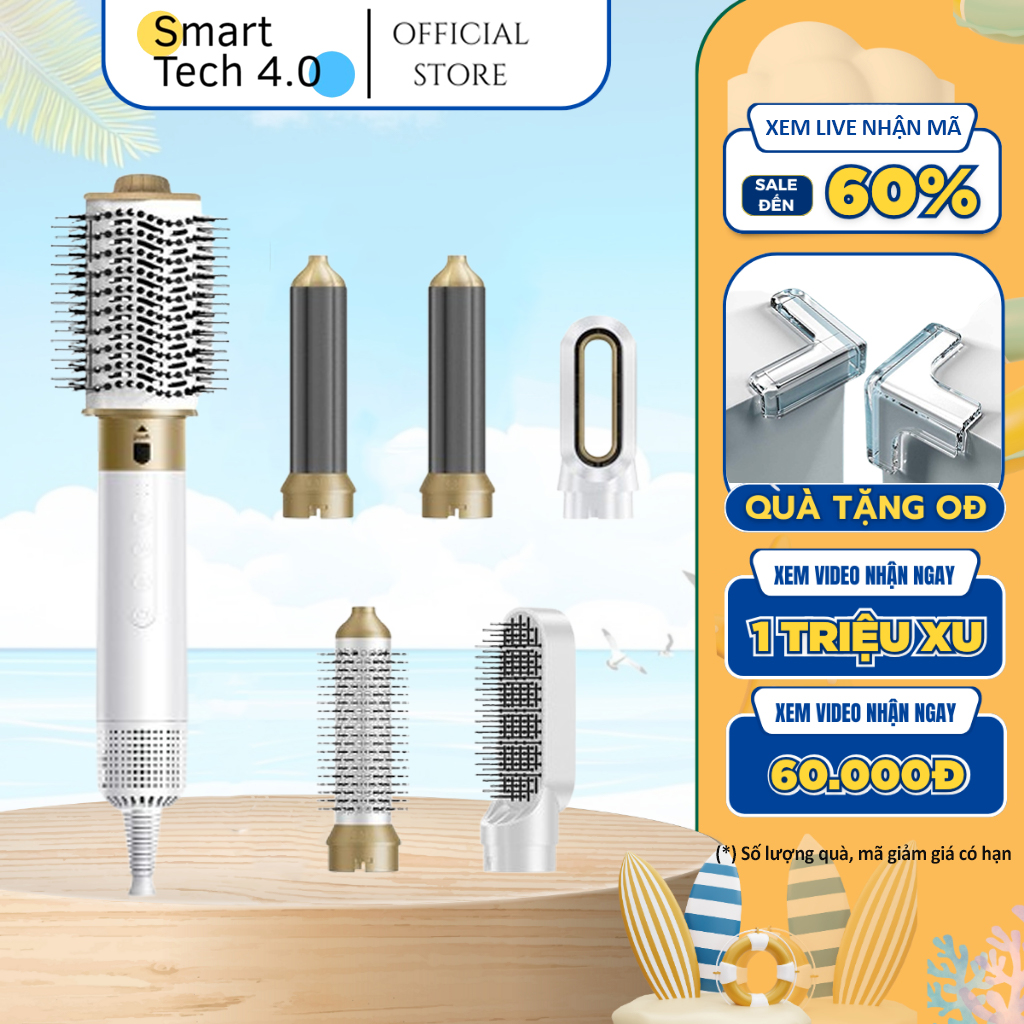 Máy Sấy Tóc Tạo Kiểu Đa Năng 6 In 1, Lược Điện Chải Tóc Tự Động Chải Thẳng Uốn Cụp Làm Xoăn Công Nghệ Ion Âm Cao Cấp - Smart Tech