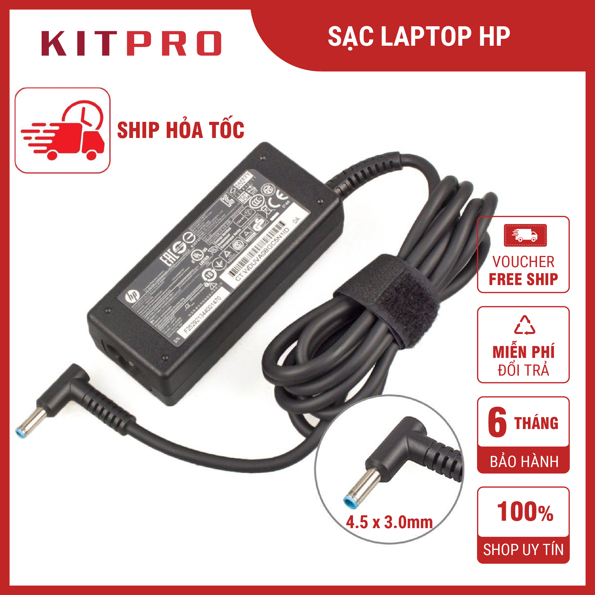 Sạc Laptop HP Chuôi Nhỏ 19.5V 3.33A 2.31A Đầu Kim Nhỏ 4.5 x 3.0mm Dây Sạc Máy Tính HP Envy Probook Pavilion Notebook Ship Hỏa Tốc KITPRO