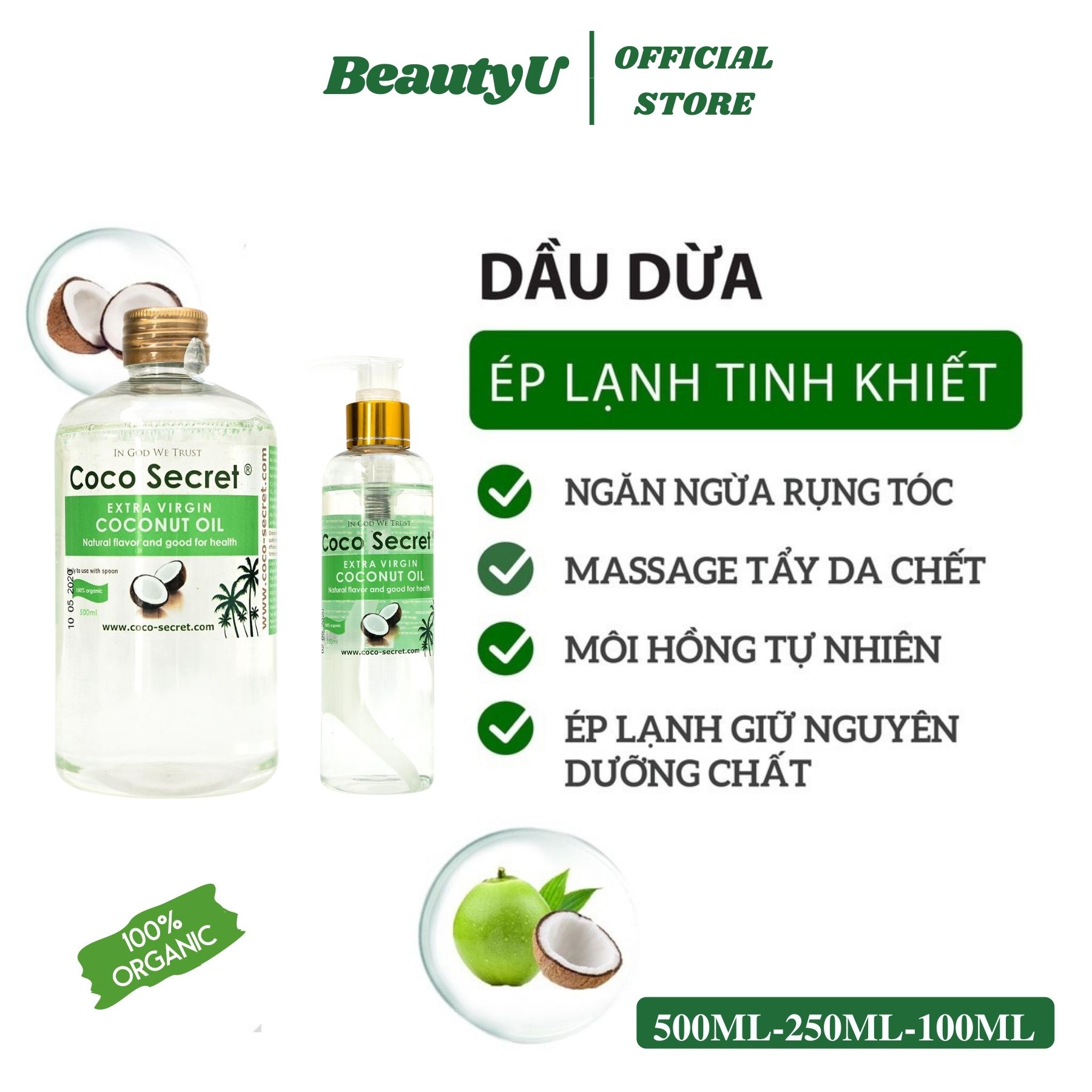Dầu dừa hữu cơ nguyên chất ép lạnh tinh khiết dưỡng da , dưỡng tóc , dưỡng môi coco secret