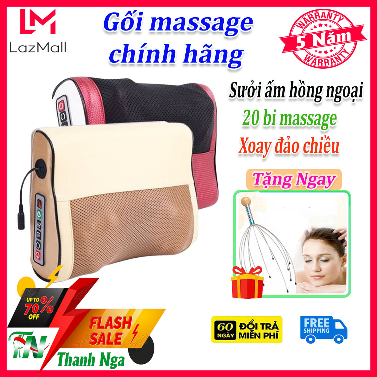   5 Năm Bảo Hành  Gối massage cổ vai gáy hồng ngoại chính hãng với 20 bi xoay cho cảm giác chân thực như tay người giảm đau mỏi nhanh phù hợp dùng tại nhà văn phòng ô tô 