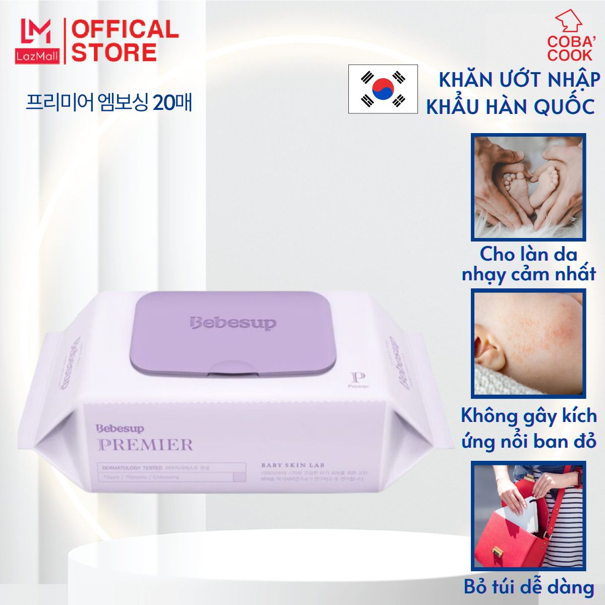 Khăn ướt gói nhỏ hàn quốc bebesup primier 20 tờ
