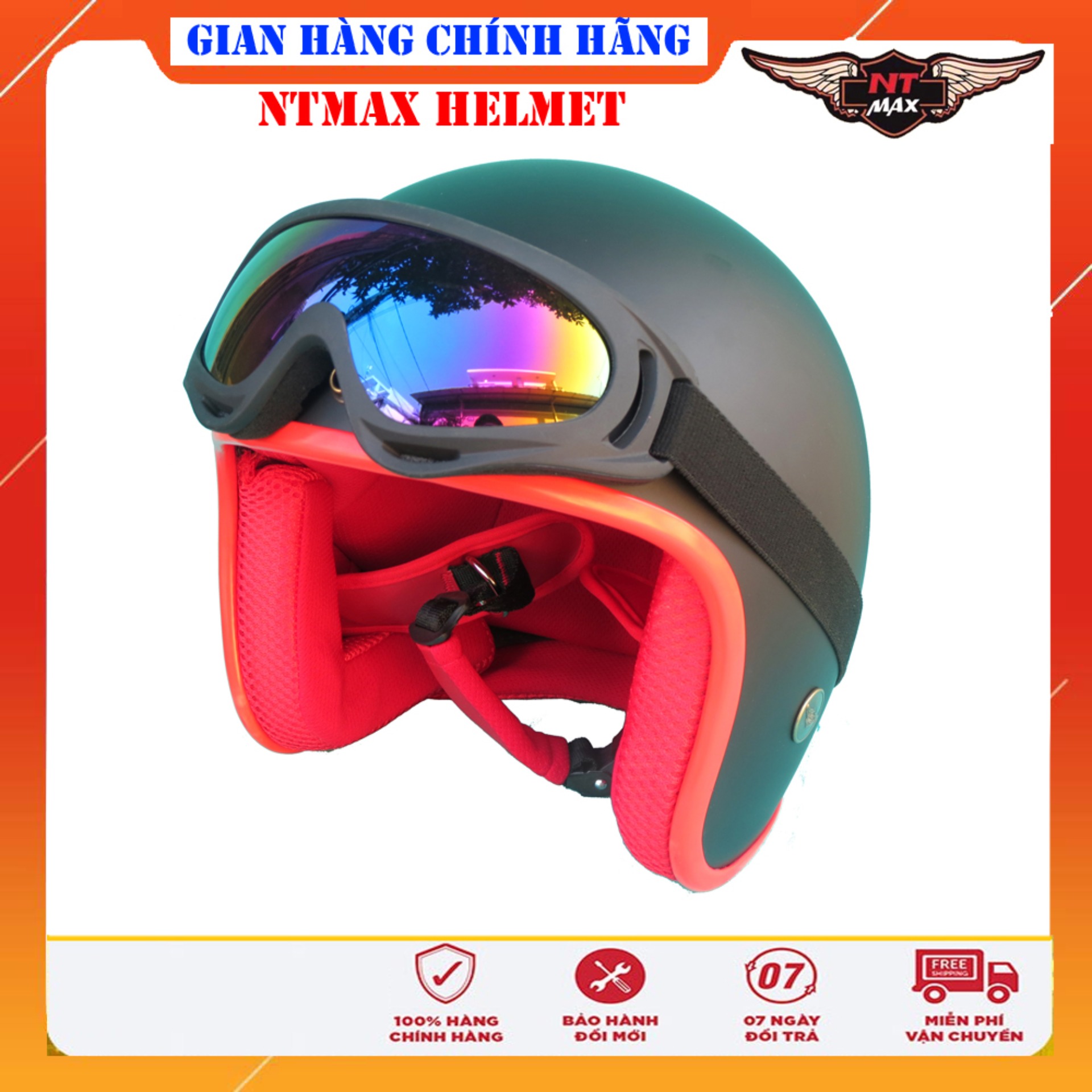 Mũ bảo hiểm NTMAX 3/4 đen viền đỏ nhám kính uv400