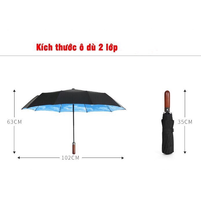 Ô dù tự động 2 chiều 2 lớp cán gỗ cao cấp chống UV