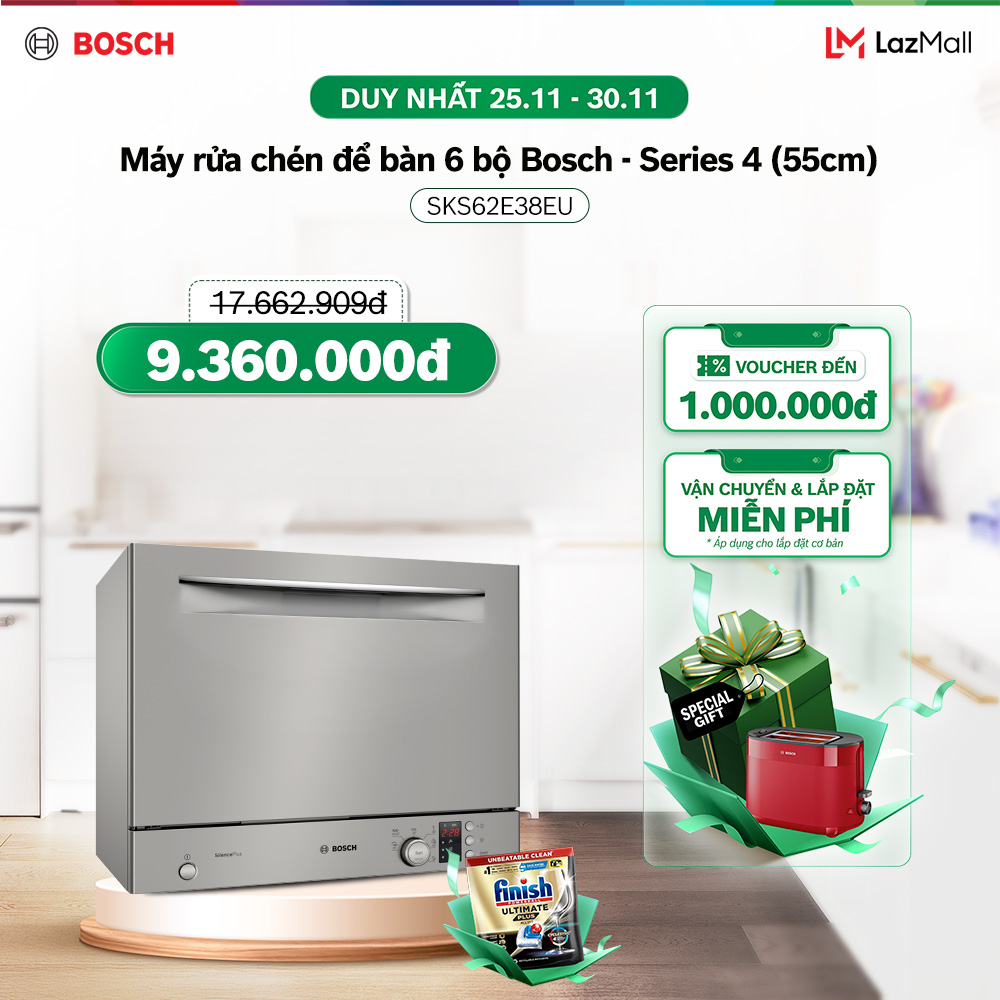 [25-30.11] Voucher Lazada đến 2TR| Máy Rửa Chén Để Bàn 6 Bộ Bosch SKS62E38EU - Series 4 (55cm) - Hàng chính hãng