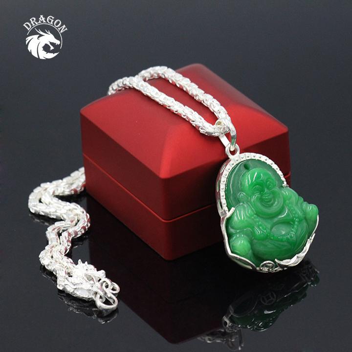 Dây Chuyền Đẹp, Dây Chuyền Nam, Dây Chuyền Bạc Nam, Dây Chuyền Mặt Phật Di Lặc xanh ( Dây chuyền khóa đầu rồng - mặt Di Lạc đá xanh )