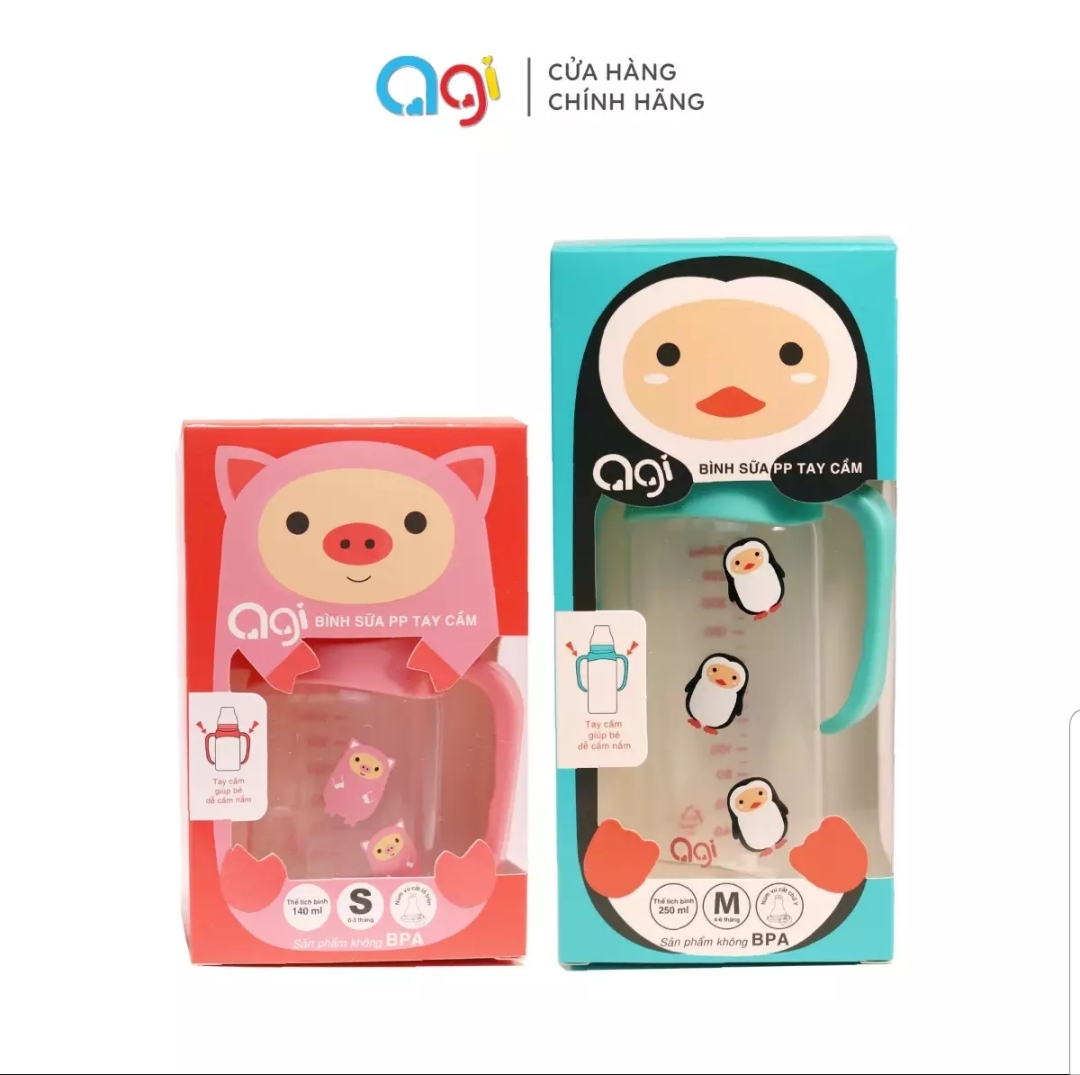Bình sữa agi cổ hẹp kèm chống sặc cho bé - cótay cầm 140ml - 250ml