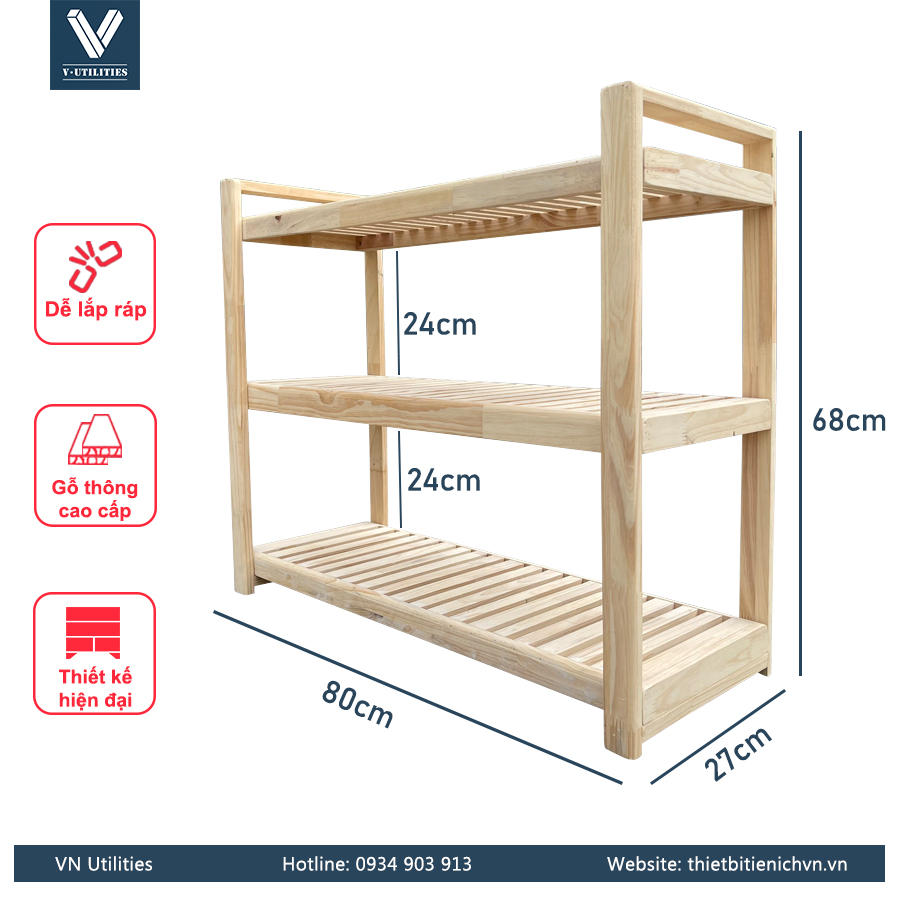 Kệ để giày dép gỗ thông 3 tầng