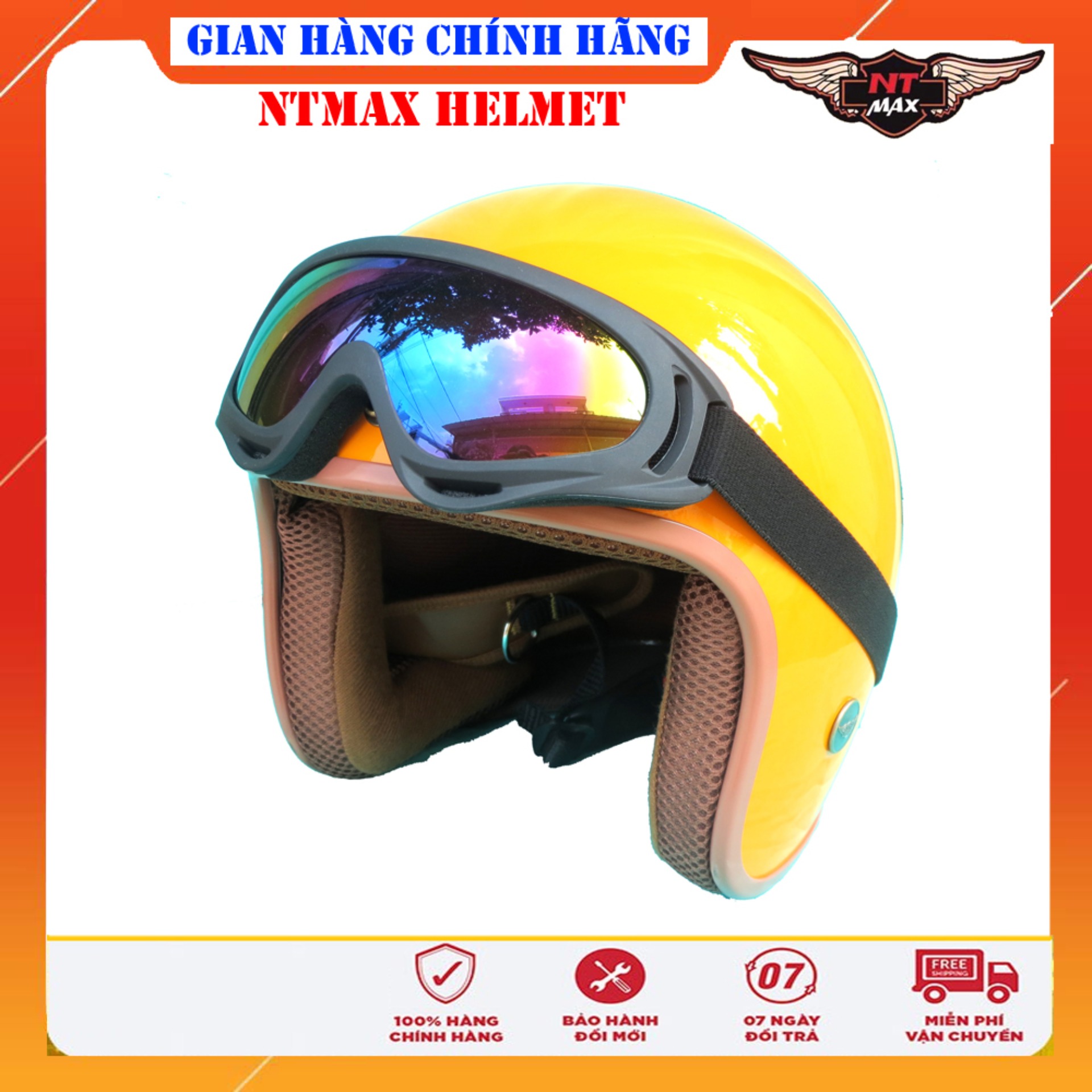Mũ bảo hiểm ntmax 3/4 vàng vespa kính uv400