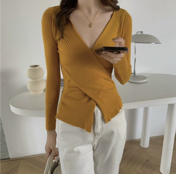 Áo thun nữ  thân đáp chéo tay dài chất thun gân - 5 màu (Có ảnh thật)